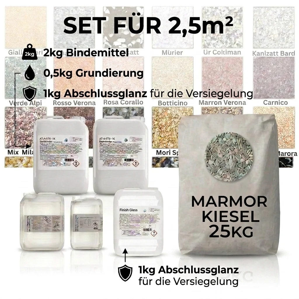 Steinteppich Komplett Set | 10kg Marmor | Primer | Binder | Finish | ca. 1m² 