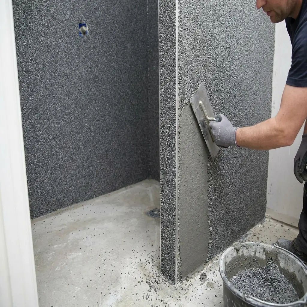 Steinteppich Dusche verlegen senkrecht