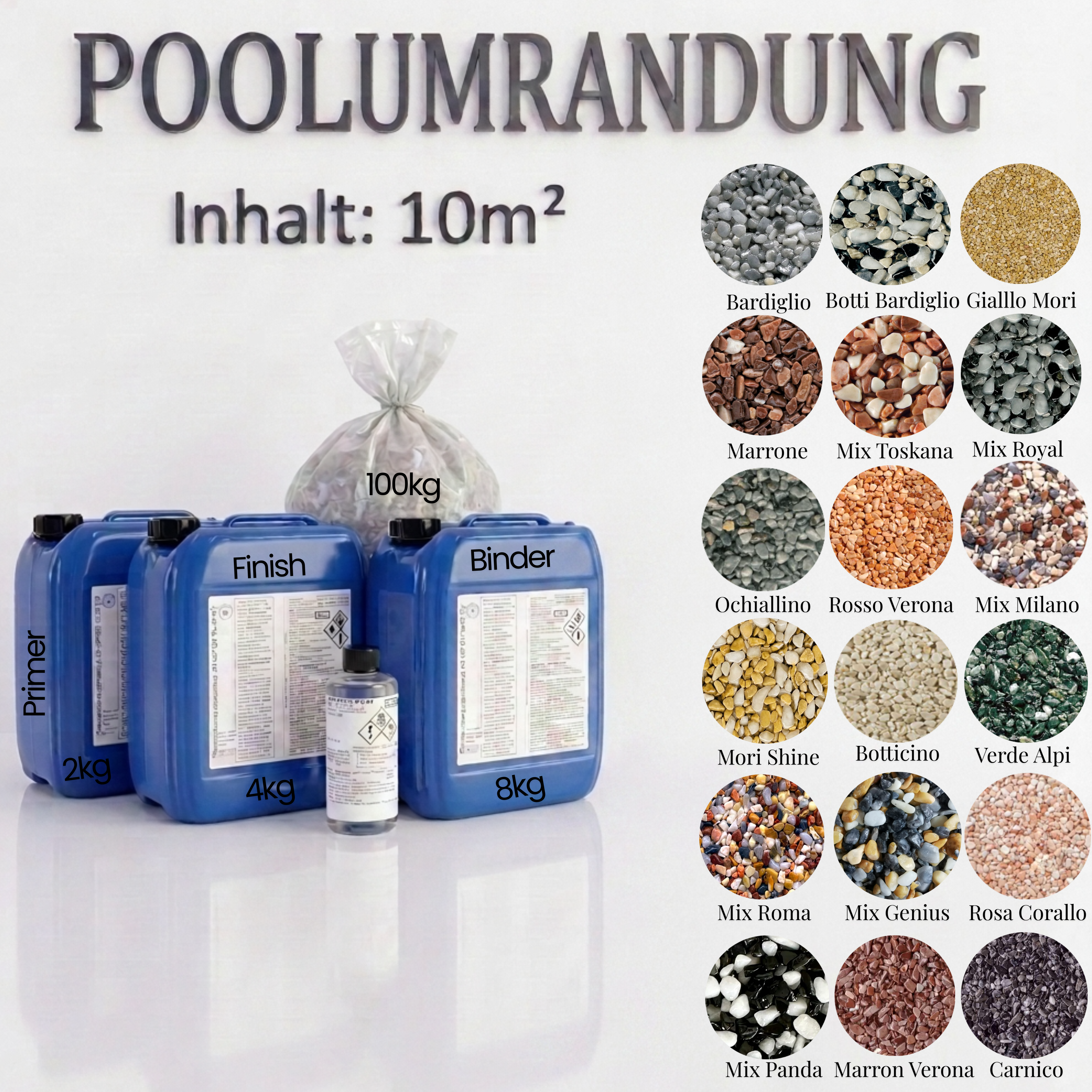 Steinteppich Pool & Umrandung Set | 100kg Marmor | Primer | Binder | Versiegelung | ca. 10m² Steinteppich Pool & Umrandung Set | 100kg Marmor | Primer | Binder | Versiegelung | ca. 10m²
